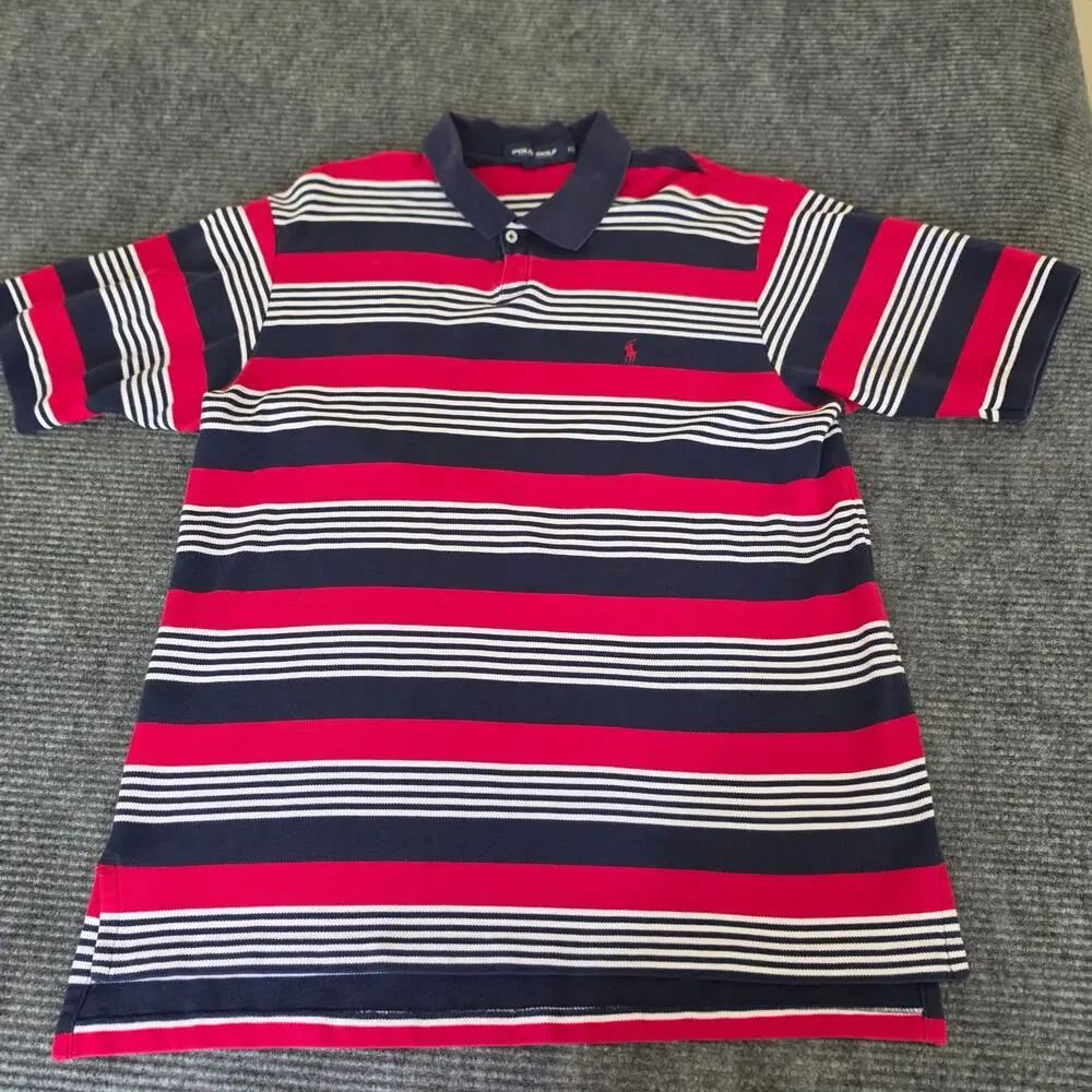 Ralph Lauren Polo Golf Men's XL Red Blue White Striped Short Sleeve Polo